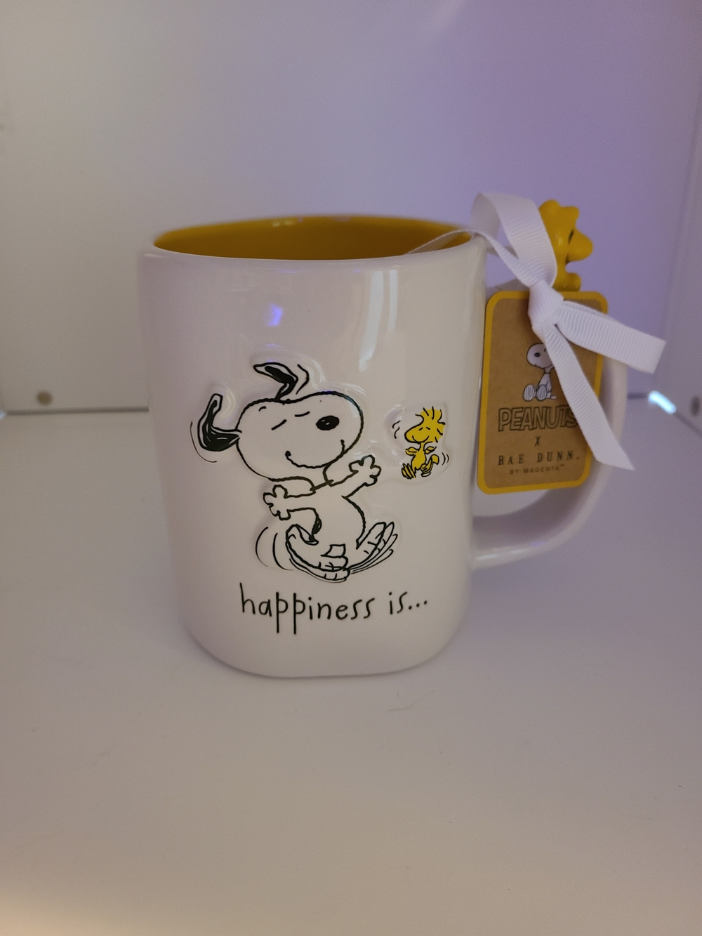 Rae Dunn White and Yellow 'Happiness Is' Snoopy & Woodstock Ceramic Mug